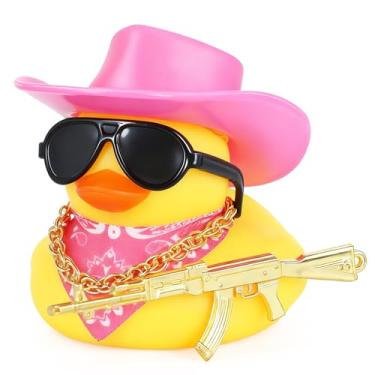 Imagem de BOZILY Decoração de carro de pato de borracha cowboy com arma AK dourada, óculos de sol e bandana, acessórios de painel engraçados para carros, escritório, casa, pequenos patos de borracha para