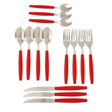Imagem de Faqueiro 17 Peças com Porta Talheres – Jogo de Talheres Inox para Cozinha, Mesa Puesta e Refeições do Dia a Dia (Vermelho)