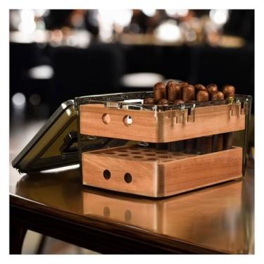 Imagem de Umidor de charuto de madeira de cedro, caixa de umidificador de charuto de acrílico com 2 divisórias com alça higrômetro 35 charutos/80 charutos B