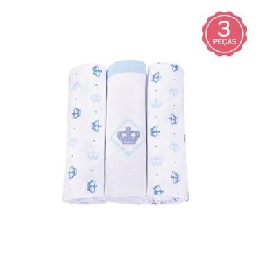 Imagem de Cueiro Reininho Classic Azul - Kit com 3 Cueiros de Algodão para Bebê 