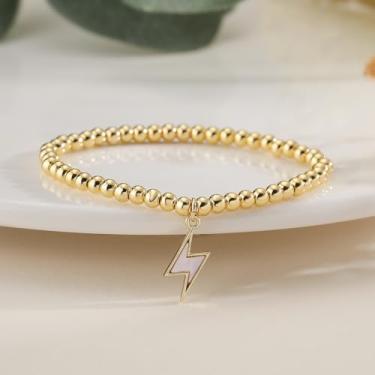 Imagem de Pulseira feminina com contas douradas, banhada a ouro 18 K, pulseira elástica delicada, com pingente de relâmpago, presente para sua pulseira com contas empilháveis