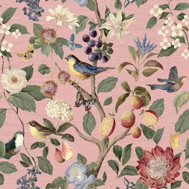 Imagem de VEELIKE Papel de parede retrô de pássaro descasque e cole papel de parede vintage rosa chinoiserie com borboletas para quarto 40 cm x 900 cm papel de contato autoadesivo removível mural de parede rosa