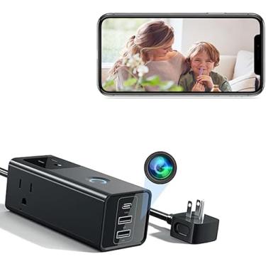 Imagem de MINICATCHER Câmera carregadora HD 1080p WiFi Power Strip Nanny Cam com câmeras de saída de detecção de vídeo e movimento para segurança doméstica interna/externa