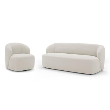 Imagem de Poltrona Giratória e Sofá Orgânico Living Leez 205cm 03 Lugares Bouclê Off White - Abmaza