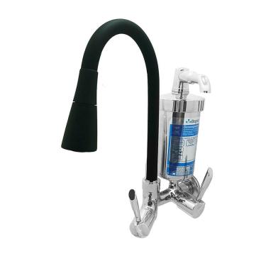 Imagem de Torneira para Cozinha Acionamento 1/4 Volta Tubo Flexível 2 Jatos de Dispersão Filtro Parede Bognar