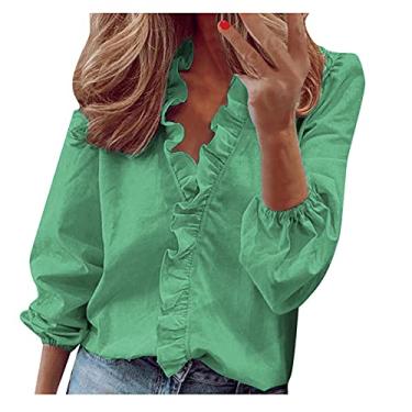 Imagem de Mercatoo Camisas femininas com botões, camiseta estampada, gola V, lisa, elegante, manga de verão, com babados, Verde, GG