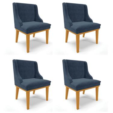 Imagem de Kit 4 Cadeiras Estofadas para Sala de Jantar Base Fixa de Madeira Castanho Lia Suede Azul Marinho -