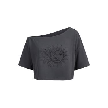 Imagem de SOLY HUX Camisetas femininas estampadas ombros de fora meia manga sol lua impressão camiseta cropped tops, Gráfico cinza, M