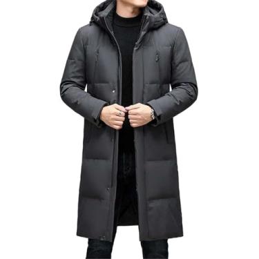 Imagem de MQMYJSP Casaco masculino de inverno longo, quente, jaquetas, chapéu, jaqueta masculina removível, Cinza, G