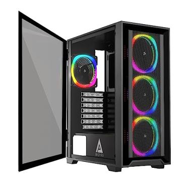 Imagem de Apevia Inspire-BK Inspire Mid Tower ATX Gaming PC Case com 4 ventoinhas ARGB de 120 mm, 366 modos de luz RGB, 1 painel frontal de fluxo de ar de malha metálica, 1 painel lateral de vidro magnético estilo giratório de porta, 2 USB 3.0, preto