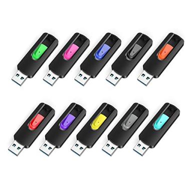 Imagem de RAOYI Pacote com 10 unidades de 32 GB USB 3.0 Flash Drives Slide retrátil Memory Stick Bulk USB 2.0 Pen Drive Jump Drive Zip Drive USB Sticks Armazenamento de Dados Backup para PC Mac (32G, 10 cores mistas)