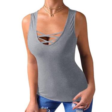 Imagem de LYANER Camiseta regata feminina, sexy, gola redonda, cruzada, sem mangas, colado ao corpo, básica, Cinza, P
