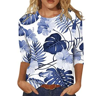 Imagem de Camisetas femininas com manga 3/4 de comprimento e gola redonda e estampa floral, Ofertas relâmpago azul-celeste, M