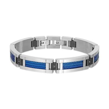 Imagem de Metro Jewelry Pulseira masculina de diamantes negros ou zircônia cúbica em aço inoxidável banhado a íons preto ou azul com detalhes de cabo - 22 cm de comprimento com fecho dobrável, 8 75 inch, Metal
