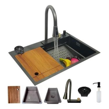 Imagem de Cuba Preta Gourmet Cascata Cozinha Premium Torneira Completa - Revomax