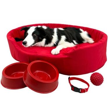 Imagem de Kit Pet Grande Cama Europa Potes Água Ração Coleira Bolinha - Supri Pe