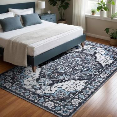 Imagem de Tapete lavável de 10 x 15 cm – Tapete boho antiderrapante para sala de estar, quarto, sala de jantar, entrada – preto e marfim com detalhes em azul gelo