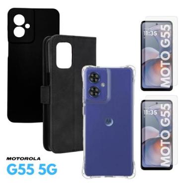 Imagem de Kit Completo Para Motorola Moto G55 Carteira + Capa Preta + Transparen