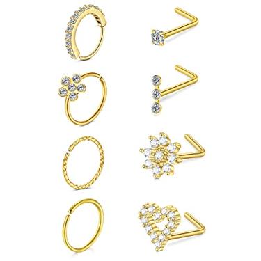 Imagem de Longita Anéis de nariz de 20 g, argola em forma de L, parafuso de nariz de aço inoxidável, osso, topo plano, diamante, opala coração, piercing de narina, prata, ouro rosa, preto, pacote para mulheres