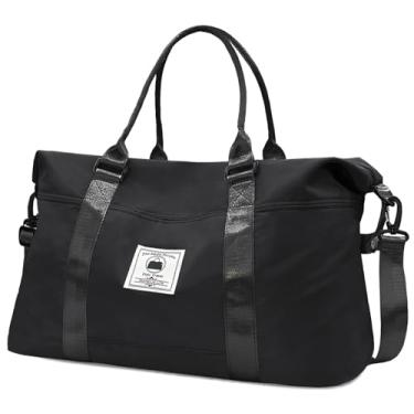 Imagem de Bolsa de viagem, bolsa esportiva à prova d'água, bolsa de ginástica para mulheres e homens, bolsa de mão para o fim de semana com bolso molhado, Preto novo, Large, Bolsas femininas de fim de semana