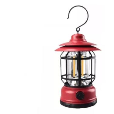 Imagem de Lampião Lanterna Led Portátil De Camping Barraca Retro Recarregável Via USB Tipo C Luminária Para Acampamento e Pesca Com Regulagem De Intensidade Gancho Pendurar Bateria Longa Duração (Vermelho)