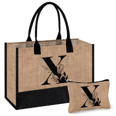 Imagem de AYGE Sacola de juta com inicial personalizada e bolsa de maquiagem, bolsa de praia, presentes com monograma para mulheres, presentes de aniversário para amiga, irmã, mãe, professora, dama de honra