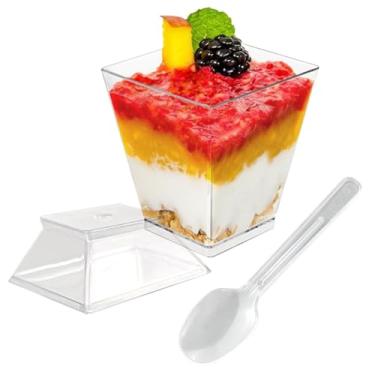 Imagem de WANGSHIQI Pacote com 50 copos de sobremesa quadrados de plástico transparente de 59 ml com tampas e colheres, copos de parfait, aperitivos, pudim, mousse, sorvete parfait (50, pequeno)