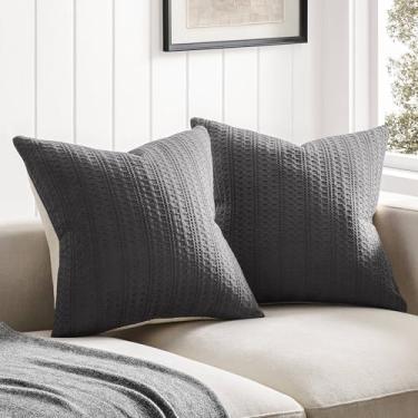 Imagem de ZeeMart Conjunto de 2 capas de almofada texturizadas, 100% algodão, carvão vegetal, 50 x 50 cm, capas de almofada decorativas macias para sofá-cama, sala de estar, decoração de casa