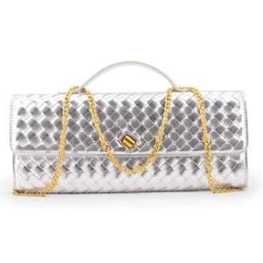 Imagem de VESTURINA Bolsa clutch de tecido para noite para mulheres, bolsa tiracolo de couro para festa de casamento, Prata