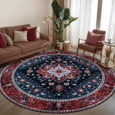 Imagem de Ciicool Boho Tapete de área lavável 1,8 x 1,8 m redondo tapete de quarto antiderrapante oriental tapete de piso de pelo baixo para sala de jantar, sala de estar