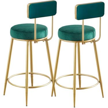 Imagem de Bancos de altura do balcão Conjunto de bancos de veludo de 2, cadeira de fezes modernas com apoio de pé traseiro e ouro, cadeiras de barra de altura para pub de cozinha, cozinha, café, verde