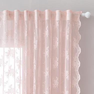 Imagem de MEETSKY Cortinas Lace Cafe 114 cm de comprimento, cortinas de cozinha vintage rosa para janelas pequenas aba traseira francesa elegante cortina de renda transparente com bolso para varão, cortinas de
