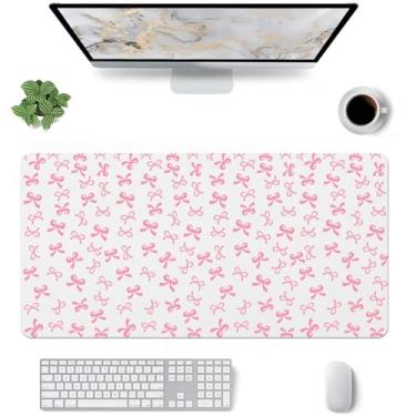 Imagem de Kawaii Tapete de mesa com laços rosa médio, mouse pad estendido para jogos, couro branco macio antiderrapante para escritório/casa/estudo