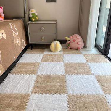 Imagem de 12 peças de carpete entrelaçado de espuma de pelúcia, tapetes macios e macios com enchimento, tapetes protetores de piso coloridos para casa, quarto de crianças, sala de jogos (branco e bege, 29 x 29