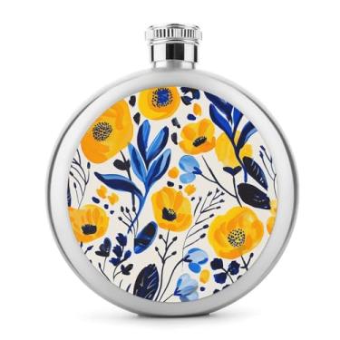 Imagem de Cantil de aço inoxidável, flores amarelas e azuis com impressão de bolso cantil garrafa de viagem portátil garrafa de licor portátil cantil de metal