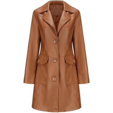 Imagem de Jaqueta De Couro Mulheres Botões Lapela Motociclista Moto Jaquetas Longas Com Bolso Motocicleta Outwear Casaco, Camel, L