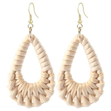 Imagem de QUPENGXU Brincos geométricos Handmande pendentes de vime de vime boêmio para mulheres, trumpet, Rattan, Sem pedra preciosa