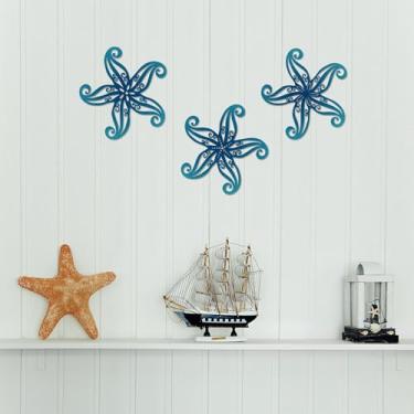 Imagem de Xedatric Conjunto de 3 arte de parede oceânica - decoração náutica estrela do mar decoração de parede com gradiente azul | decoração de parede de praia de 24 x 24 cm para decoração costeira e