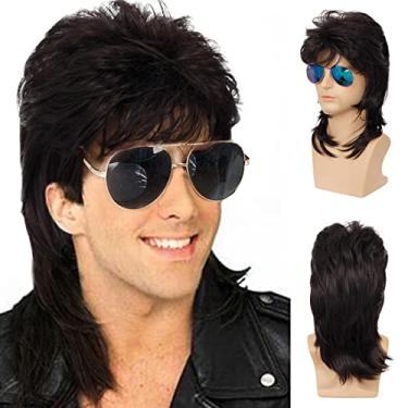 Imagem de Sallcks Peruca masculina Mullet Wigs 80s Cosplay Fantasia Peruca Longa Preta Retrô Punk Rocker Peruca Sintética
