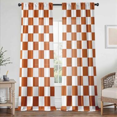 Imagem de Cortinas xadrez laranja para quarto, bolso de haste, cortinas semitransparentes laranja queimado, cortinas de filtragem de luz retrô quadriculada para sala de estar, conjunto de 2 painéis de cortina