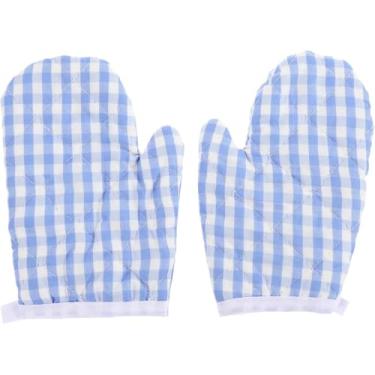 Imagem de 2 luvas de forno infantis, luvas de cozinha de grade vermelha, luvas antiqueimaduras, micro-ondas para crianças, cozinhar, assar, churrasco, grelhar (azul)