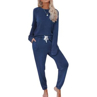 Imagem de Pijamas Femininos Conjunto De Pijama Longo Conjunto De Pijama De Inverno Com Terno De Casa Bündchen Roupa De Dormir De Duas Partes Roupa De Dormir Loungewear Top De Manga Comprida E, Blue, M