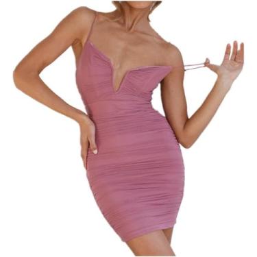 Imagem de Vestido De Espaguete De Verão Feminino Vestido De Estilingue De Cor Sólida Feminina Com Decote Em V Sem Encosto Vestido Curto Para Senhoras, Pink, L