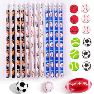 Imagem de XIANFANG Pacote com 12 lápis esportivos com 12 borrachas e 3 apontadores, conjunto de artigos de papelaria temáticos esportivos de beisebol, futebol, basquete, tênis, esportes