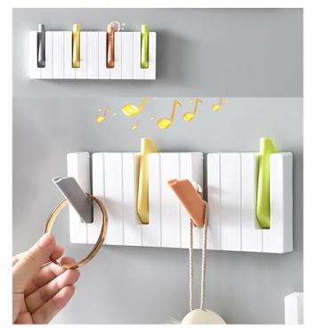 Imagem de Ganchos autoadesivos para chaves de piano para pendurar, 4 ganchos, ganchos de parede autoadesivos sem pregos, à prova d'água e à prova de ferrugem, vários usos, banheiro, cozinha, decoração de casa