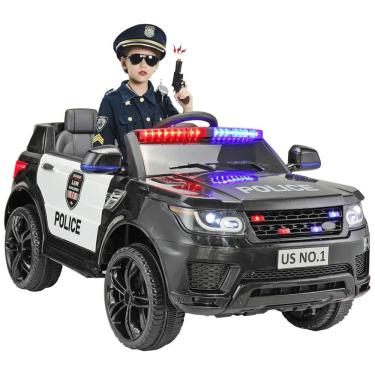 Imagem de Carro, Carrinho Elétrico Policial, 2 lugares, à bateria 12V, USB, controle remoto, Vel 5km por hora, idade 3 a 6 anos, TOBBI, Preto