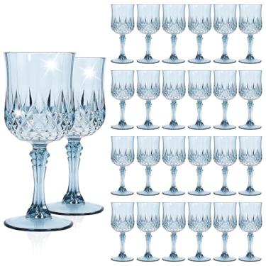 Imagem de Pacote com 24 taças de vinho de plástico azul empoeirado, taças de plástico vintage para festas, copos de bebida, copos inquebráveis, taças de água de cristal, reutilizáveis para recepção de casamento