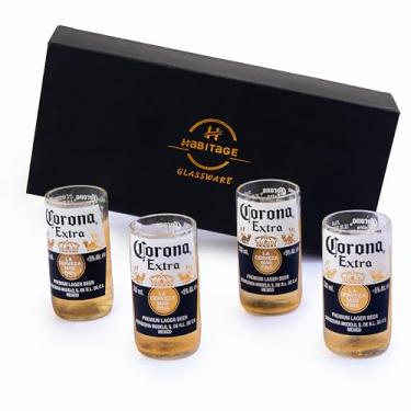 Imagem de Habitage Upcycled Corona Conjunto de 4 copos extra com caixa de presente | Vidro ecológico feito à mão a partir de garrafas de cerveja | Ideal para cerveja, coquetéis, sucos, vitaminas | Ótimo para