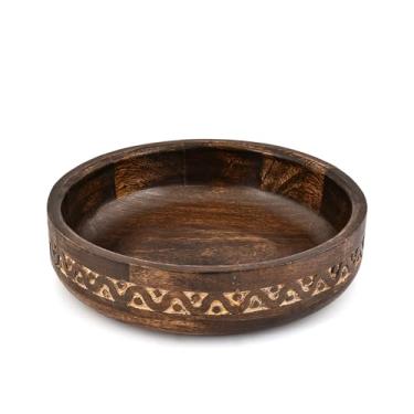 Imagem de Tigela de salada de madeira de manga feita à mão redonda para salada, legumes e centro de mesa decorativa – Decoração rústica elegante de cozinha e mesa de jantar (25,4 x 25,4 cm x 6,3 cm)