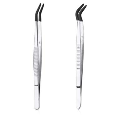 Imagem de 2 pinças dobradas com pontas de borracha, pinça de ponta plana curvada de aço inoxidável, adesivo de carimbo de gema de aderência angular, antiderrapante, longa ferramenta para artesanato com contas